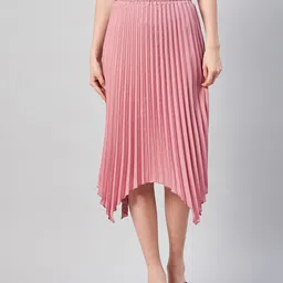 RARE Women Pink Solid A-Line Accordion Pleats Midi Skirt-picture-6