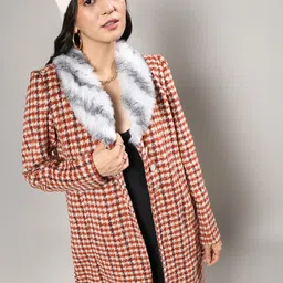 Campus Sutra Brown Checked Shawl Collar Long Sleeves Faux Fur Trim Longline Overcoat-28