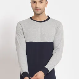 Kalt Men Navy Blue & Grey Melange Colourblocked T-shirt-image-82