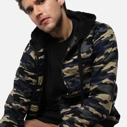 Campus Sutra Men Grey Beige Camouflage Windcheater Outdoor Cotton Tailored Jacket-27
