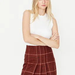 Trendyol Women Burgundy Checks Pleated A-Line Mini Skirts-image-48