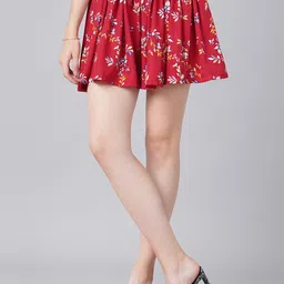 Cation Women Maroon Floral Printed Flared Mini Skirt-picture-45