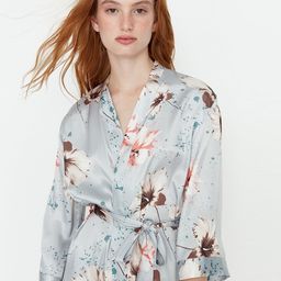 Trendyol Women Blue & Brown Floral Printed Cotton Bath Robe-picture-5