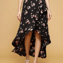Oomph! Floral Printed Wrap High Low Midi Skirt-image-82