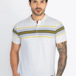 Status Quo Men Striped Polo Collar Applique T-shirt-image-70