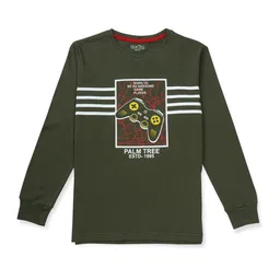 Palm Tree Boys Olive Green Full Sleeve Printed T-shirt-image-80
