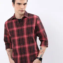 HIGHLANDER Maroon & Black Tartan Checks Slim Fit Casual Shirt-image-41