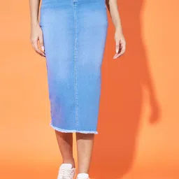 Purple Feather Denim Blue Light Washed Pencil Midi Skirts-image-94