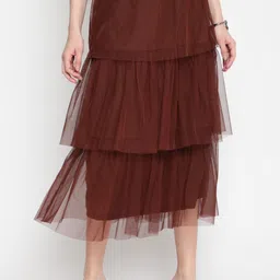 AKIMIA Women Coffee Brown Layered Midi Skirt-image-5