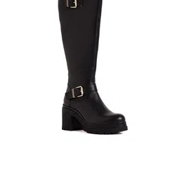 Peach Flores Women High Top Platform-Heeled Leather Regular Boots With Buckle Detail-11