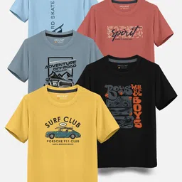 HELLCAT Boys Pack Of 5 Typography Printed Cotton T-shirt-image-38