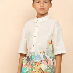 My Milestones Boys Band Collar Short Sleeves Floral Printed Cotton Casual Shirt-picture-12