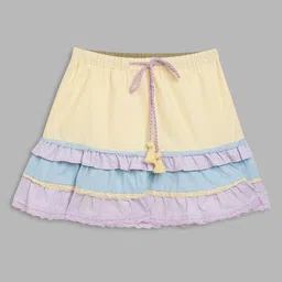 Blue Giraffe Girls Yellow & Purple Solid Tiered Knee Length Cotton Skirts-43