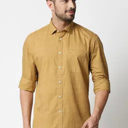 Basics Men Mustard Yellow Cotton Slim Fit Self-Checked Casual Shirt-image-71