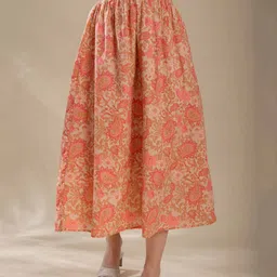 B.Copenhagen Women Pink ,Orange &Beige Printed Pure Cotton Flared Midi Skirt-image-3