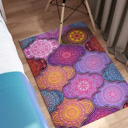 Rangoli Purple & Yellow Ethnic Motifs Printed Anti-Skid Cotton Carpet-19
