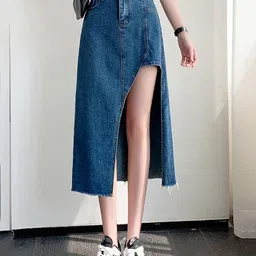 LULU & SKY Asymmetric A-Line Midi Denim Skirt-picture-5