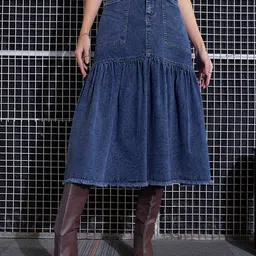 SASSAFRAS Denim Flared Midi Skirt-image-65