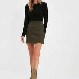 Trendyol Women Khaki Solid A-line Mini Skirt-image-36
