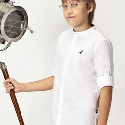 Nautica Boys Premium Mandarin Collar Cotton Casual Shirt-image-74