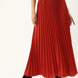 U&F Women Accordion Pleated Polka Dots Printed Pleated Flared Maxi Skirt-picture-1