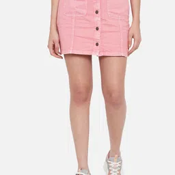 Orchid Blues Women Pink Solid Pure Cotton Straight Mini Skirts-picture-12