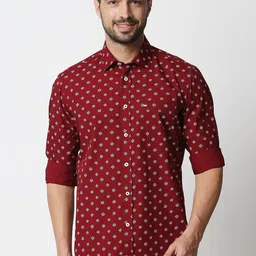 Basics Men Maroon & Grey Cotton Slim Fit Geometric Print Casual Shirt-picture-16