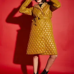 SASSAFRAS Mustard Yellow Hooded Longline Quilted Jacket With Belt-picture-21