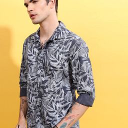 HIGHLANDER Navy Blue Floral Printed Slim Fit Cotton Casual Shirt-image-76