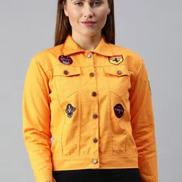VOXATI Women Yellow Floral Crop Denim Jacket with Patchwork-image-71
