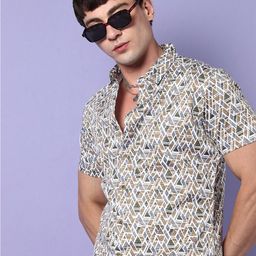 Campus Sutra White & Brown Geometric Printed Classic Cotton Casual Shirt-image-9