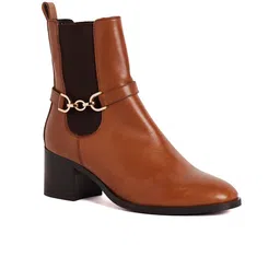 Peach Flores Women Heeled Buckle Detail Leather Mid-Top Chelsea Boots-image-92