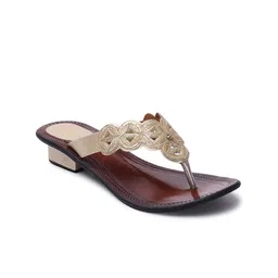 Picktoes Women Gold-Toned Embellished Ethnic T-Strap Flats-17