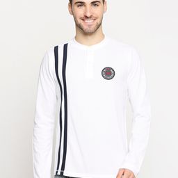 Basics Men White Navy Blue Striped Henley Neck Slim Fit Pure Cotton T-shirt-image-83
