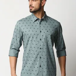 Basics Men Grey & Navy Blue Slim Fit Ditsy Conversational Printed Cotton Casual Shirt-picture-11