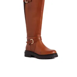 Peach Flores Women Evelyn Buckle Detail Heeled Leather High-Top Chunky Boots-image-30