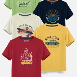 HELLCAT Boys Pack Of 5 Typography Printed Cotton T-shirt-image-32