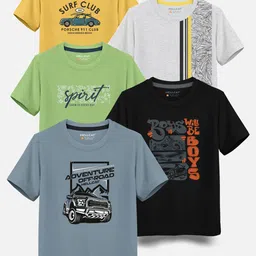 HELLCAT Boys Pack Of 5 Typography Printed Cotton T-shirt-image-40