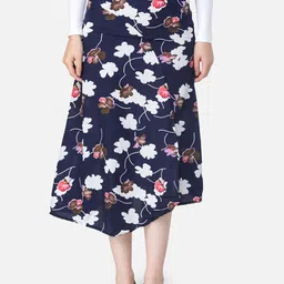 SCORPIUS Women Navy Blue Floral Printed A Line Skirt-image-26