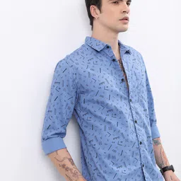 HIGHLANDER Blue Abstract Printed Slim Fit Cotton Casual Shirt-image-78