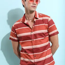 KETCH Horizontal Striped Spread Collar Cotton Slim Fit Casual Shirt-image-71