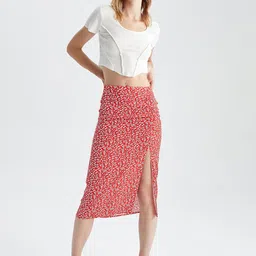 DeFacto Floral Printed Straight Knee Length Skirt With Slit-image-80