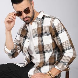 HERE&NOW Tartan Checks Spread Collar Long Sleeves Slim Fit Cotton Casual Shirt-image-26