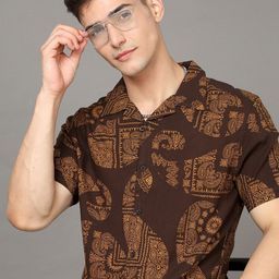 HERE&NOW Brown Ethnic Motifs Printed Cuban Collar Slim Fit Casual Shirt-image-23