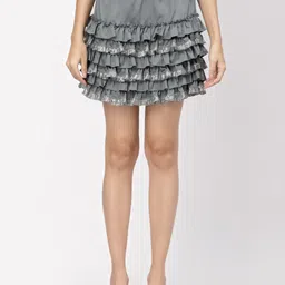 LELA Grey Solid Frill Detail Layered Mini Skirt-image-7