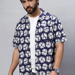 The Roadster Lifestyle Co Blue Cuban Collar Printed Pure Cotton Shirt-image-30