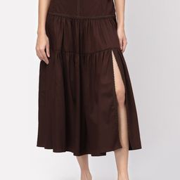 LELA Women Brown Solid Lace Detail A-Line Midi Skirt With Side Slit-image-89