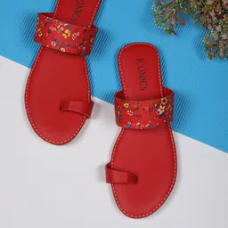 ICONICS Women Red Printed One Toe Flats with Laser Cuts-image-1
