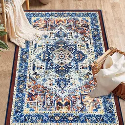 Status Brown & Blue Ethnic Motifs Printed Anti-Skid Vintage Carpet-91