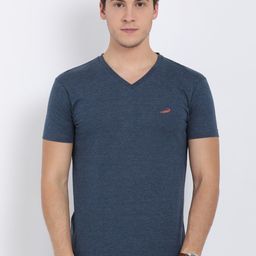 Crocodile Men Blue V-Neck Cotton T-shirt-image-83